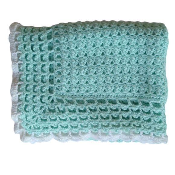 NEW Handmade Crocheted Mint Green Baby Blanket Green White - Picture 2 of 10